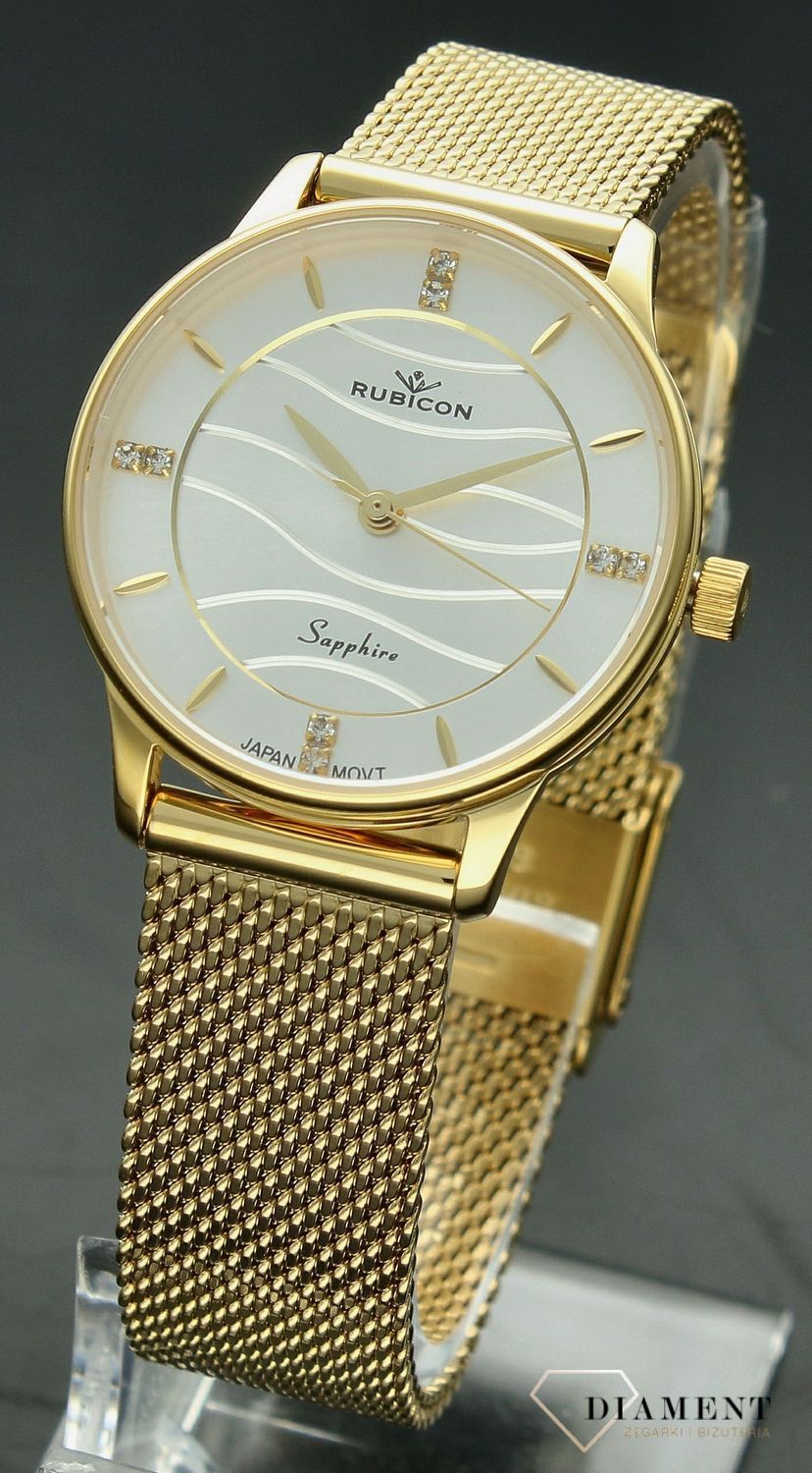 Zegarek damski Rubicon złoty z szafirowym szkłem RNBE35 z falowaną tarczą RNBE35 fala złoty-srebrny.jpg